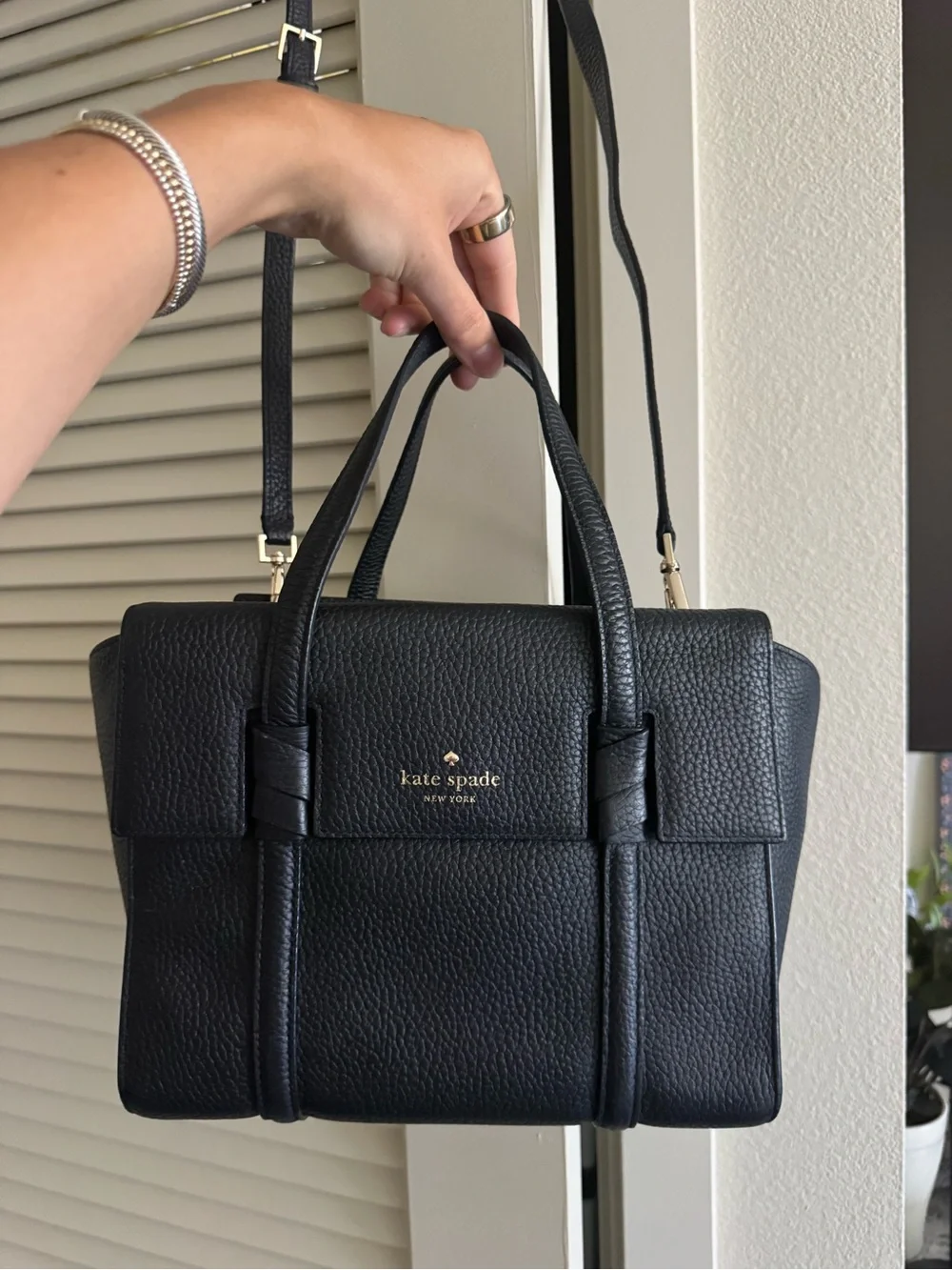 kate spade Black Pebbled Leather Satchel with Gold Logo
